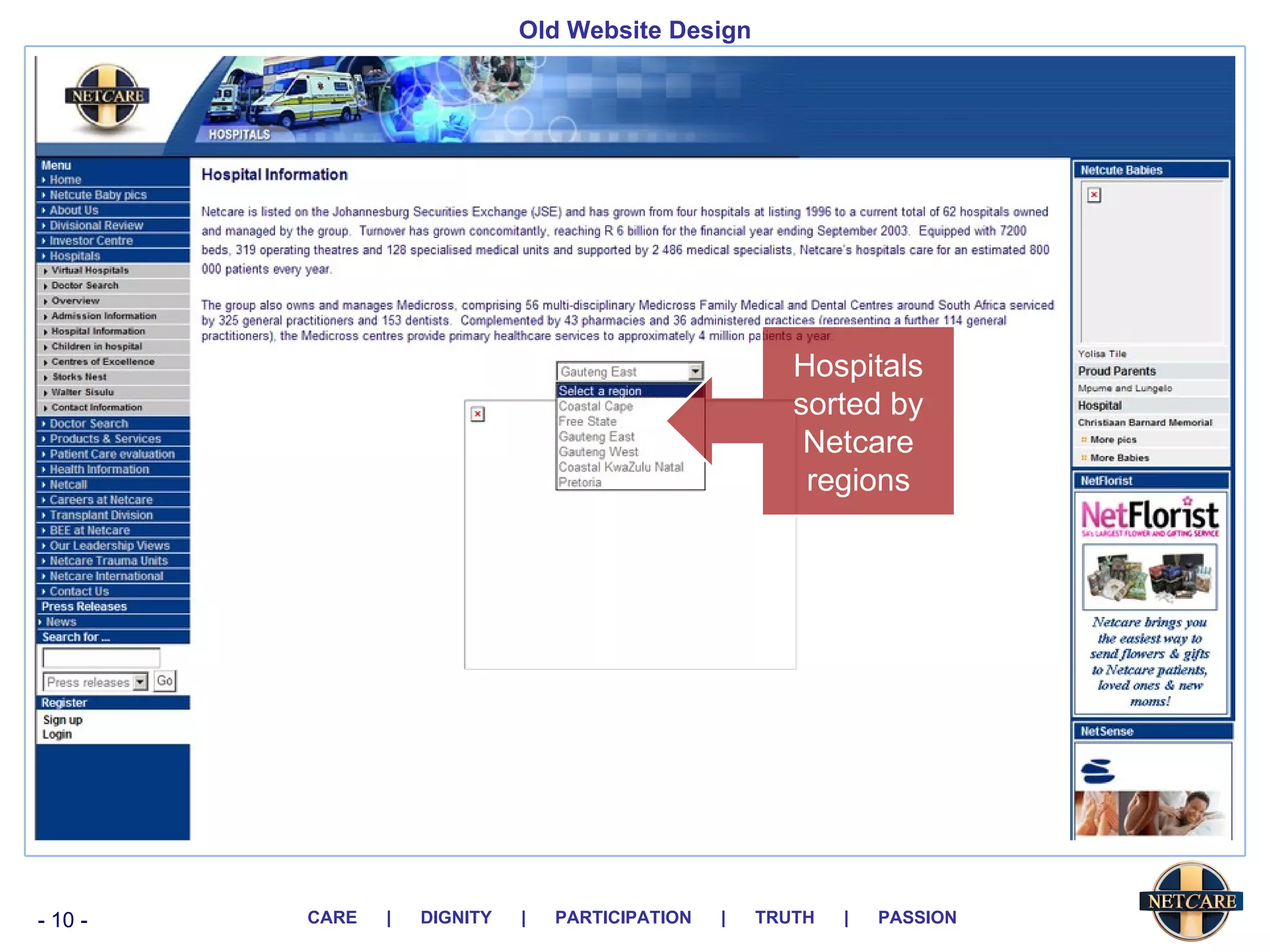 Old Website Design Hospitals sorted by Netcare regions 