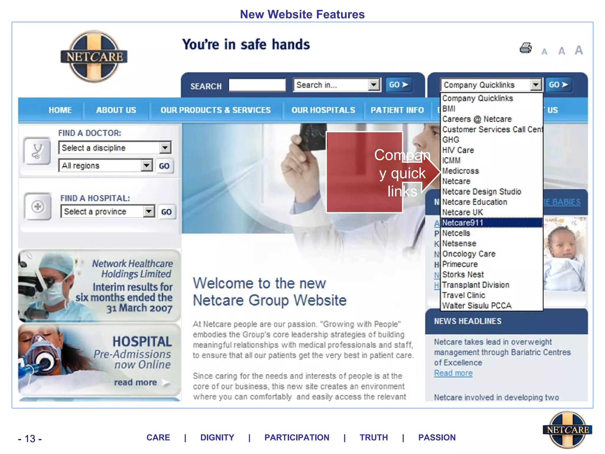 New Website Features Company quick links 