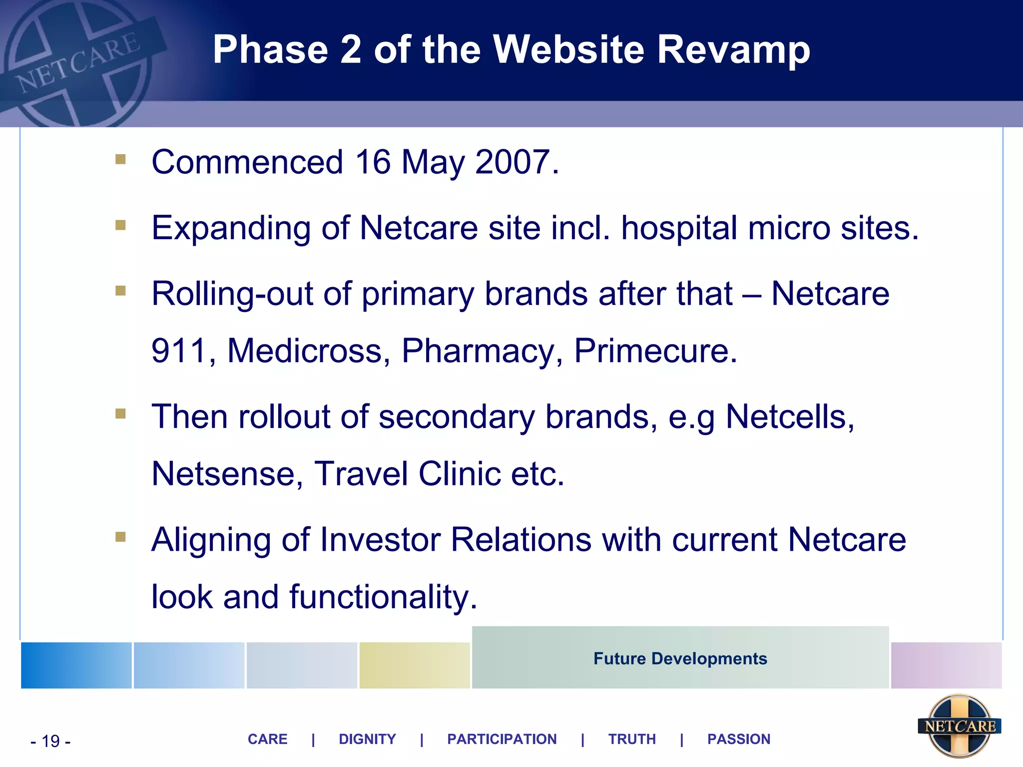 Phase 2 of the Website Revamp Commenced 16 May 2007. Expanding of Netcare site incl. hospital micro sites. Rolling-out of primary brands after that – Netcare 911, Medicross, Pharmacy, Primecure. Then rollout of secondary brands, e.g Netcells, Netsense, Travel Clinic etc. Aligning of Investor Relations with current Netcare look and functionality. Future Developments 