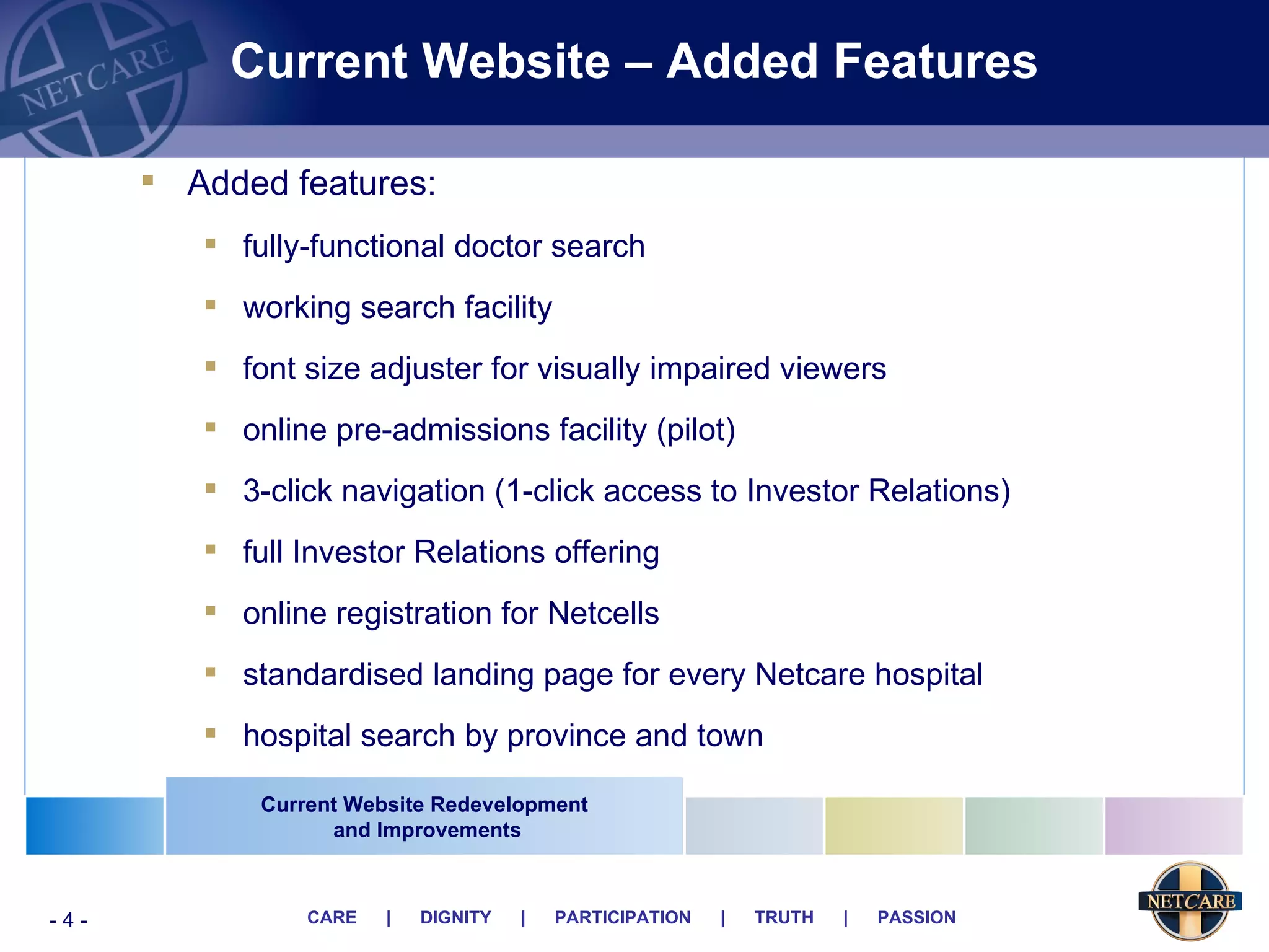 Current Website – Added Features Added features: fully-functional doctor search working search facility font size adjuster for visually impaired viewers online pre-admissions facility (pilot) 3-click navigation (1-click access to Investor Relations) full Investor Relations offering online registration for Netcells standardised landing page for every Netcare hospital hospital search by province and town Current Website Redevelopment and Improvements 