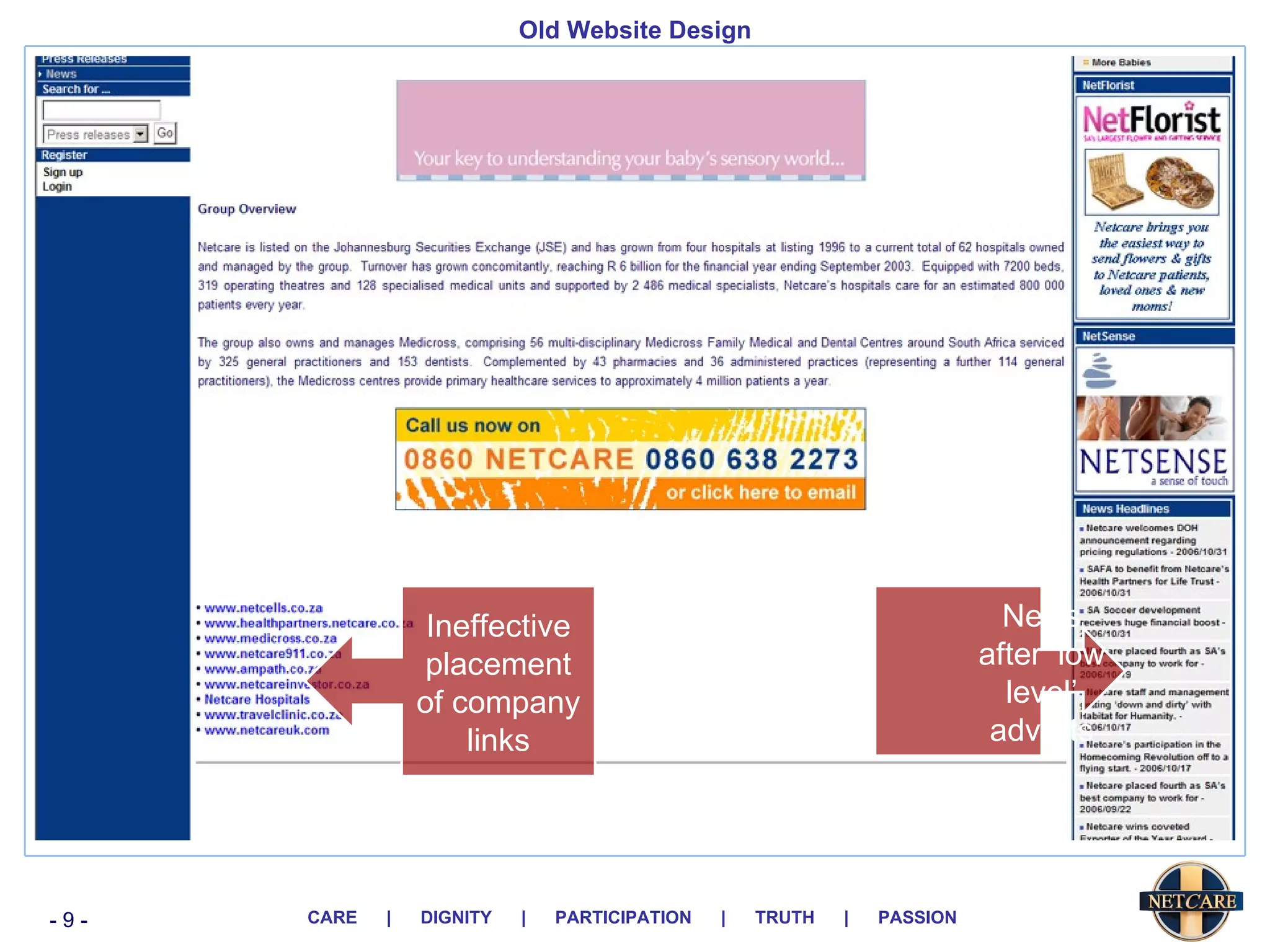 Old Website Design News after ‘low level’ adverts Ineffective placement of company links 