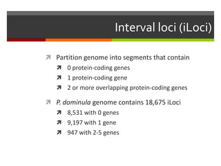 Interval loci (iLoci)
 Partition genome into segments that contain
 0 protein-coding genes
 1 protein-coding gene
 2 or more overlapping protein-coding genes

 P. dominula genome contains 18,675 iLoci
 8,531 with 0 genes
 9,197 with 1 gene

 947 with 2-5 genes

 