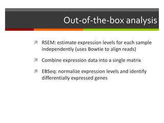 Out-of-the-box analysis
 RSEM: estimate expression levels for each sample

independently (uses Bowtie to align reads)
 Combine expression data into a single matrix
 EBSeq: normalize expression levels and identify

differentially expressed genes

 