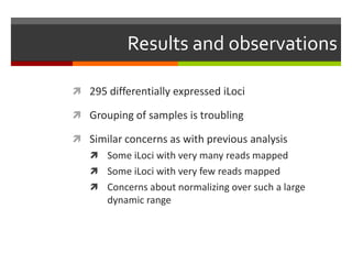 Results and observations
 295 differentially expressed iLoci
 Grouping of samples is troubling
 Similar concerns as with previous analysis
 Some iLoci with very many reads mapped
 Some iLoci with very few reads mapped
 Concerns about normalizing over such a large

dynamic range

 