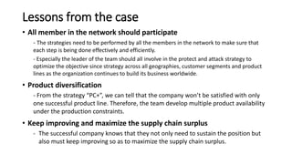 Lessons from the case
• All member in the network should participate
- The strategies need to be performed by all the members in the network to make sure that
each step is being done effectively and efficiently.
- Especially the leader of the team should all involve in the protect and attack strategy to
optimize the objective since strategy across all geographies, customer segments and product
lines as the organization continues to build its business worldwide.
• Product diversification
- From the strategy “PC+”, we can tell that the company won’t be satisfied with only
one successful product line. Therefore, the team develop multiple product availability
under the production constraints.
• Keep improving and maximize the supply chain surplus
- The successful company knows that they not only need to sustain the position but
also must keep improving so as to maximize the supply chain surplus.
 