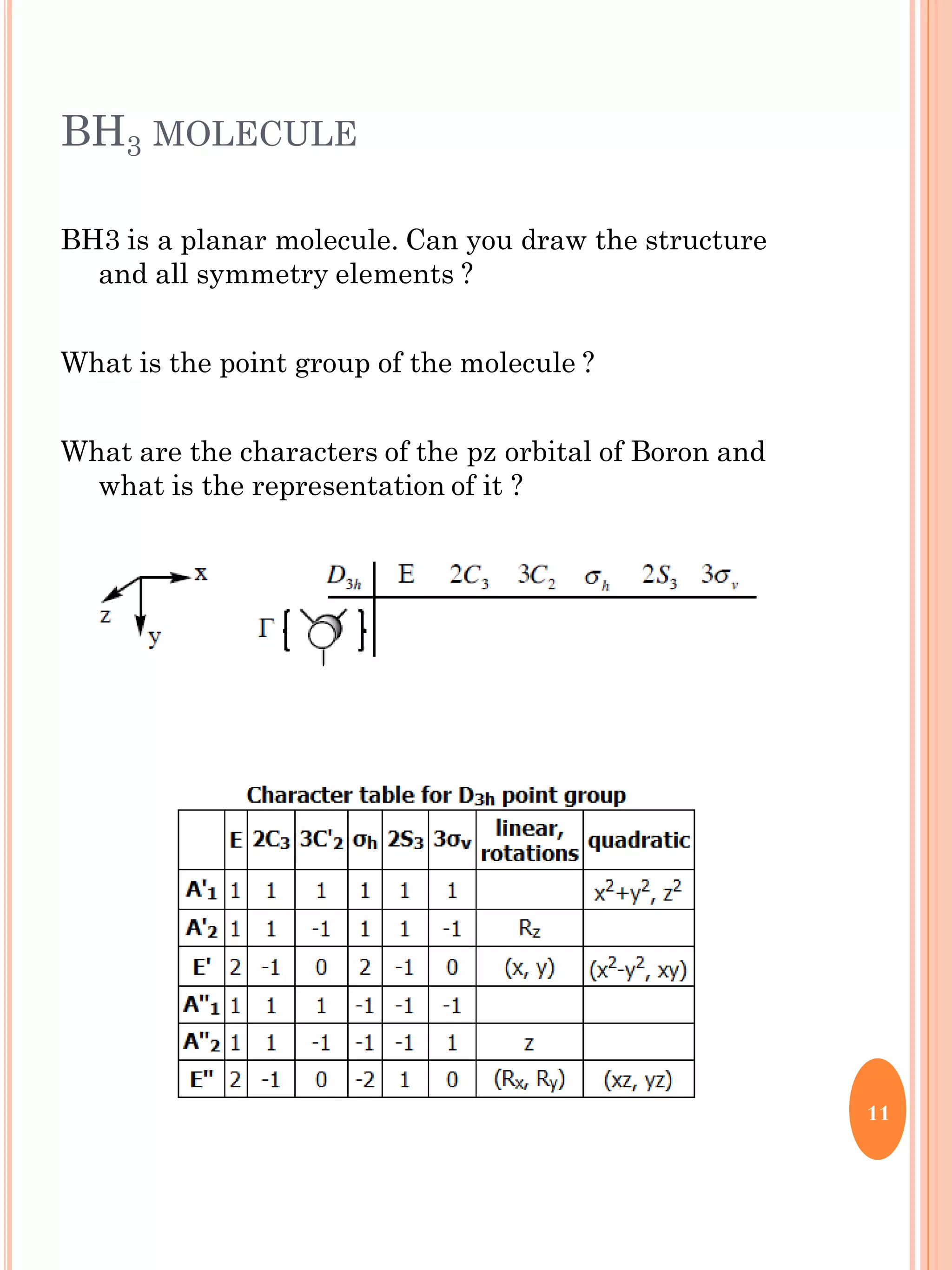 BH3 MOLECULE
BH3 is a planar molecule. Can you draw the structure
and all symmetry elements ?
What is the point group of the molecule ?
What are the characters of the pz orbital of Boron and
what is the representation of it ?
11
 