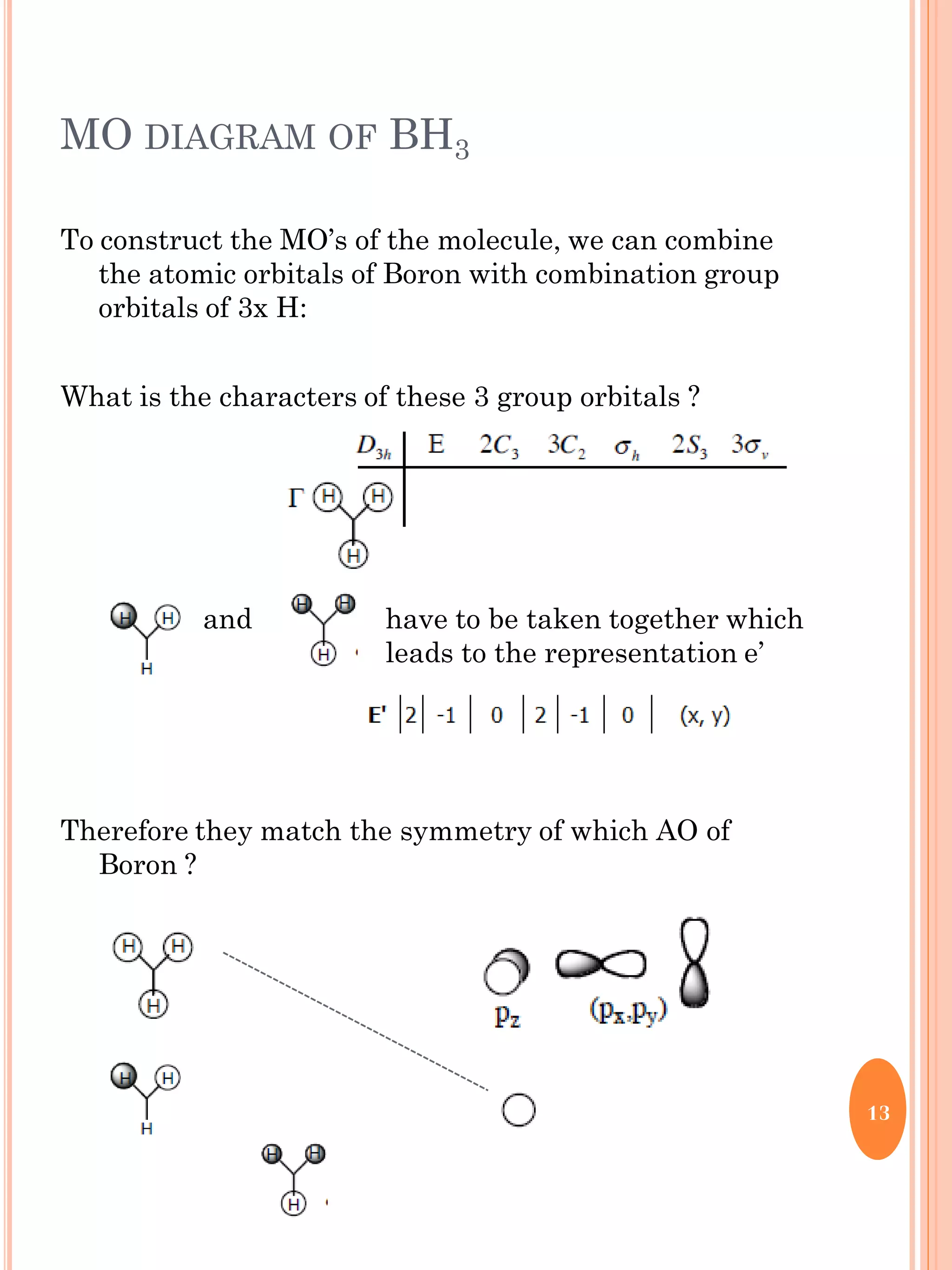 MO DIAGRAM OF BH3
To construct the MO’s of the molecule, we can combine
the atomic orbitals of Boron with combination group
orbitals of 3x H:
What is the characters of these 3 group orbitals ?
and have to be taken together which
leads to the representation e’
Therefore they match the symmetry of which AO of
Boron ?
13
 