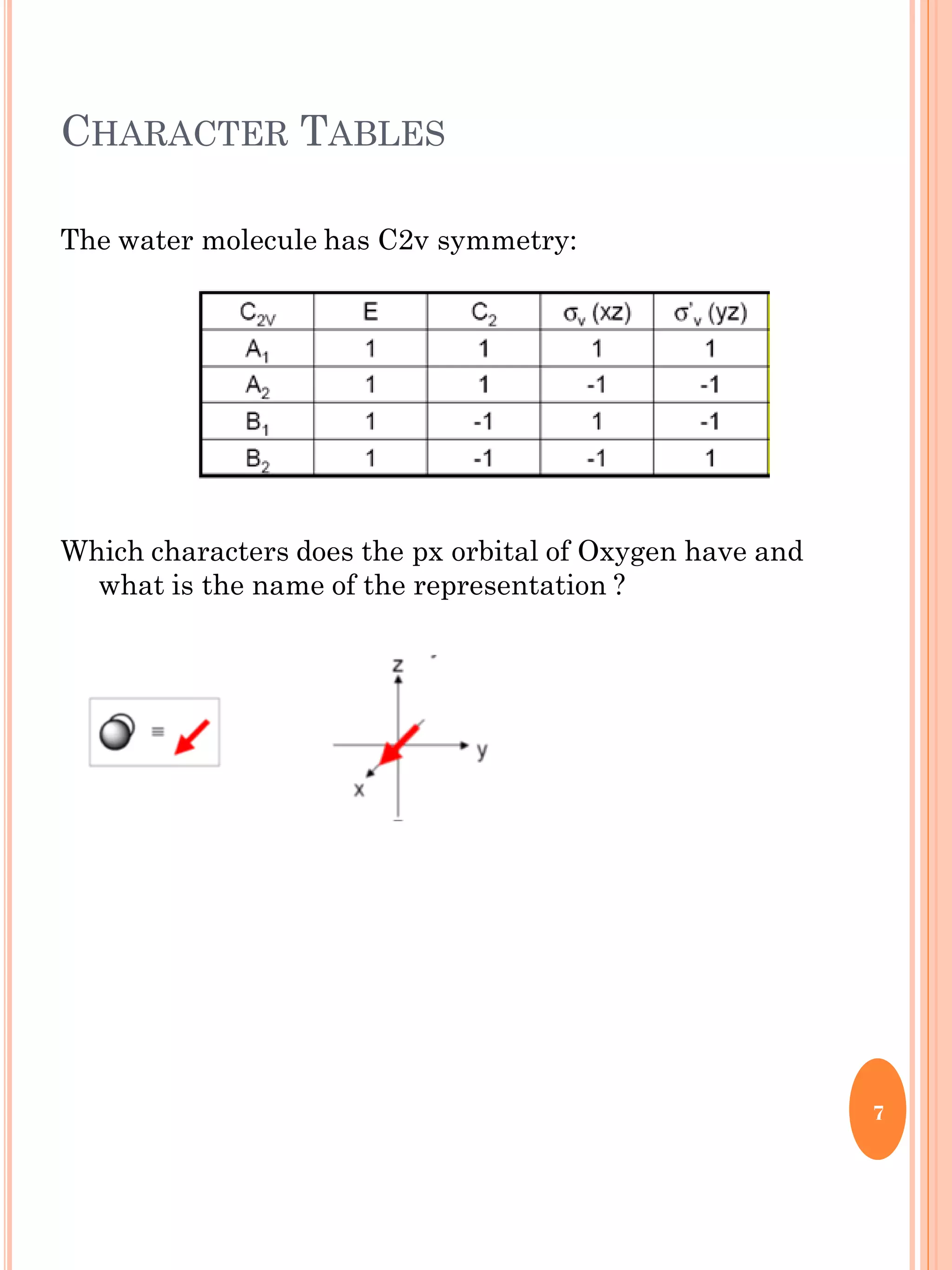 CHARACTER TABLES
The water molecule has C2v symmetry:
Which characters does the px orbital of Oxygen have and
what is the name of the representation ?
7
 