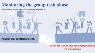 13
Monitoring the group task phase
listen	for	trends	that	are	emerging	from	
the	discussions.	
While	students	do	their	work,	circulate	among	the	groups	to:
Answer	any	questions	raised.
 