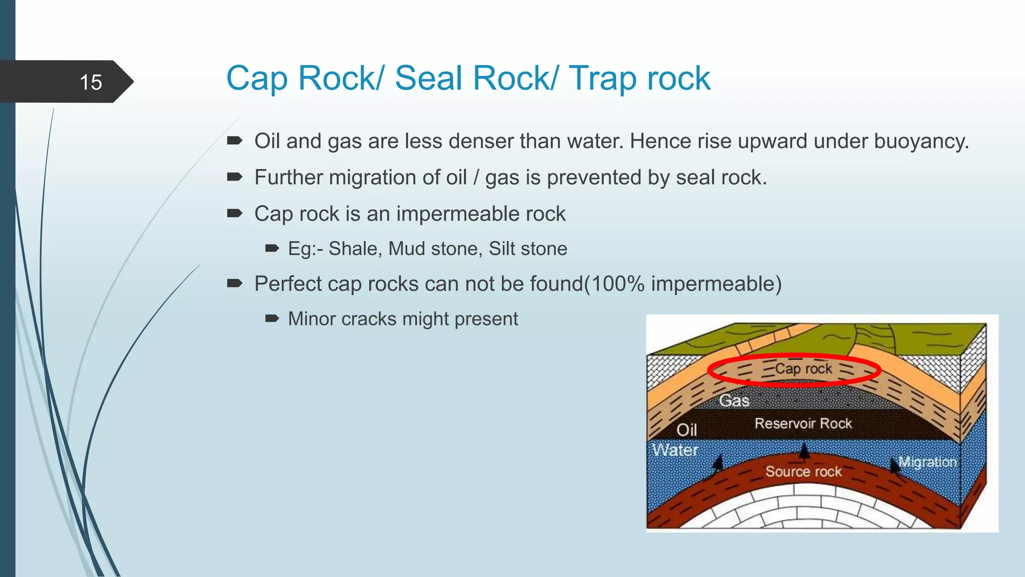 Cap Rock/ Seal Rock/ Trap rock15
 Oil and gas are less denser than water. Hence rise upward under buoyancy.
 Further migration of oil / gas is prevented by seal rock.
 Cap rock is an impermeable rock
 Eg:- Shale, Mud stone, Silt stone
 Perfect cap rocks can not be found(100% impermeable)
 Minor cracks might present
 