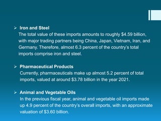  Iron and Steel
The total value of these imports amounts to roughly $4.59 billion,
with major trading partners being China, Japan, Vietnam, Iran, and
Germany. Therefore, almost 6.3 percent of the country’s total
imports comprise iron and steel.
 Pharmaceutical Products
Currently, pharmaceuticals make up almost 5.2 percent of total
imports, valued at around $3.78 billion in the year 2021.
 Animal and Vegetable Oils
In the previous fiscal year, animal and vegetable oil imports made
up 4.9 percent of the country’s overall imports, with an approximate
valuation of $3.60 billion.
 