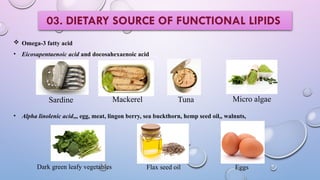  Omega-3 fatty acid
• Eicosapentaenoic acid and docosahexaenoic acid
Mackerel
Sardine Tuna Micro algae
• Alpha linolenic acid,,, egg, meat, lingon berry, sea buckthorn, hemp seed oil,, walnuts,
Flax seed oil
Dark green leafy vegetables Eggs
03. DIETARY SOURCE OF FUNCTIONAL LIPIDS
 