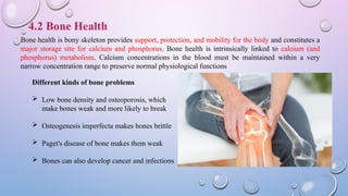 4.2 Bone Health
Bone health is bony skeleton provides support, protection, and mobility for the body and constitutes a
major storage site for calcium and phosphorus. Bone health is intrinsically linked to calcium (and
phosphorus) metabolism. Calcium concentrations in the blood must be maintained within a very
narrow concentration range to preserve normal physiological functions
Different kinds of bone problems
 Low bone density and osteoporosis, which
make bones weak and more likely to break
 Osteogenesis imperfecta makes bones brittle
 Paget's disease of bone makes them weak
 Bones can also develop cancer and infections
 