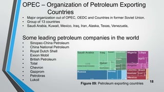 18
OPEC – Organization of Petroleum Exporting
Countries
• Major organization out of OPEC, OEDC and Countries in former Soviet Union.
• Group of 13 countries
• Saudi Arabia, Kuwait, Mexico, Iraq, Iran, Alaska, Texas, Venezuela,
Some leading petroleum companies in the world
• Sinopec-China Petroleum
• China National Petroleum
• Royal Dutch Shell
• Exxon Mobil
• British Petroleum
• Total
• Chevron
• Gazprom
• Petrobras
• Lukoil
Figure 09: Petroleum exporting countries
 