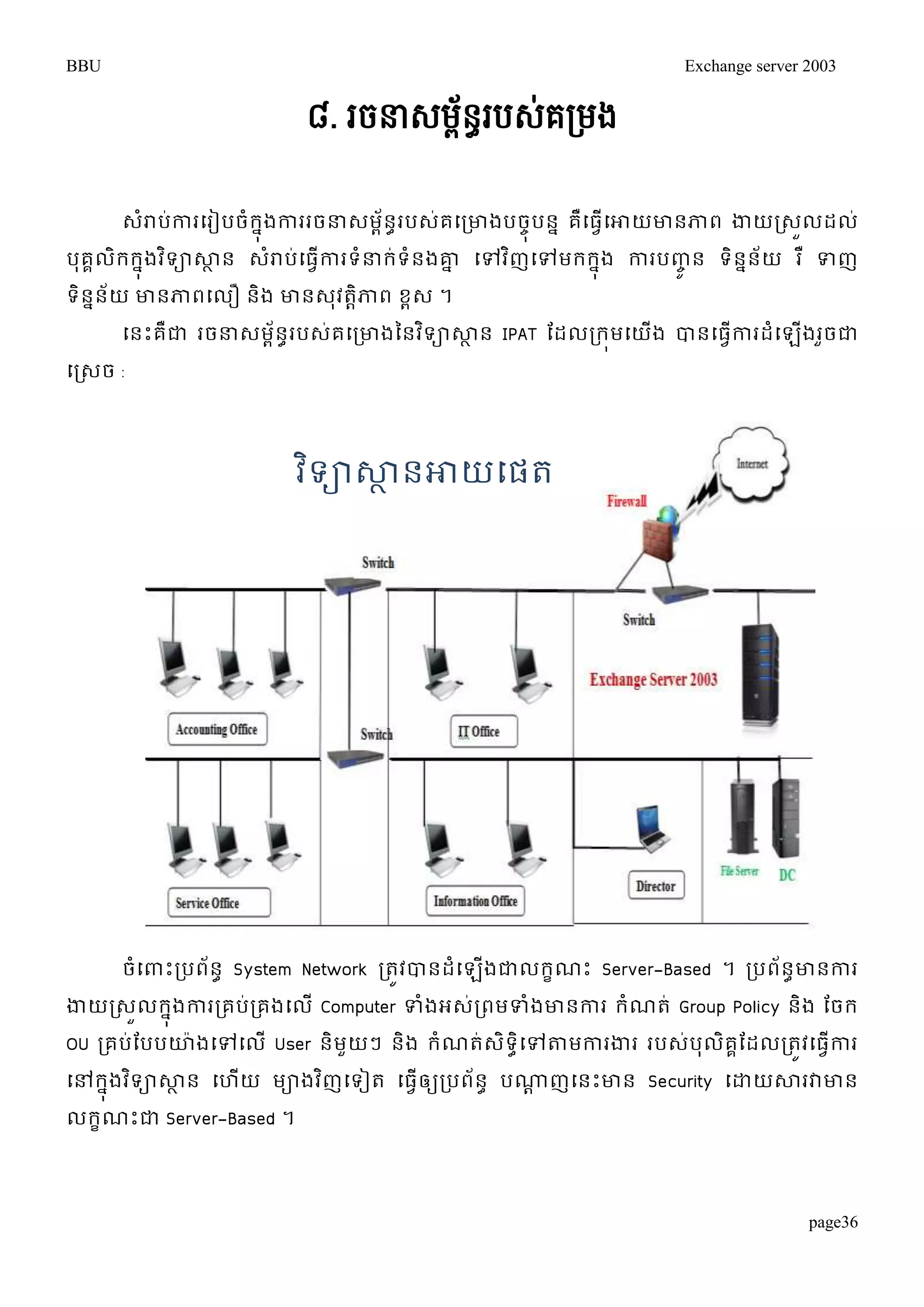 BBU Exchange server 2003 
page36 
៨. រចនាេមព័ៃធរបេ់គរមង 
េរាំបកា់រម្រៀបចំរុនងការរចន្ធេមព័នារបេគ់ម្រោងបចុចបនន គម្ឺធវើម្ោយោនភាព ងាយរេលួដល់ 
បុគគលរិរុនងវទិាសាាន េរាំប់ម្ធវើការទន្ធំរទ់ំនងោន ម្ៅវញិម្ៅមររុនង ការបញ្ូចន ទិននន័យ រ ឺទញ 
ទិននន័យ ោនភាពម្លឿ និង ោនេុវតាិភាព ខពេ ។ 
ម្នោះគឺជា រចន្ធេមព័នារបេគ់ម្រោងននវទិាសាាន IPAT តដលររុមម្យងើ បានម្ធកាវើរដំម្ឡងើរចួជា 
ម្រេច : 
វទ្យិាស្ថានអាយផេត 
ចំម្ពាោះរបព័នា System Network រតូវបានដំម្ឡើងជាលរខណោះ Server-Based ។ របព័នាោនការ 
ងាយរេួលរុងនការរគប់រគងម្ល ើComputer ទំងអេរ់ពមទំងោនការ រណំត់ Group Policy និង តចរ 
OU រគប់តបបោ៉ាងម្ៅម្លើ User និមួយៗ និង រំណត់េិទាិម្ៅតាមការងារ របេ់បុលិគគតដលរតូវម្ធវើការ 
ម្ៅរុនងវទិាសាាន ម្ហយើ មាងវញិម្ទៀត ម្ធឲ្វើយរបពន័ា បណ្ណាញម្នោះោន Security ម្ោយសារវាោន 
លរខណោះជា Server-Based ។ 
 