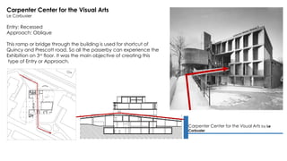 Carpenter Center for the Visual Arts by Le
Corbusier
Carpenter Center for the Visual Arts
Le Corbusier
Entry: Recessed
Approach: Oblique
This ramp or bridge through the building is used for shortcut of
Quincy and Prescott road. So all the passerby can experience the
Exhibition on 3rd
floor. It was the main objective of creating this
type of Entry or Approach.
 