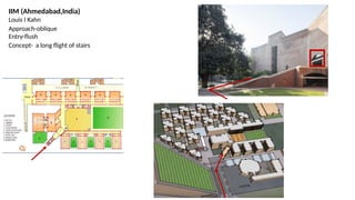 a long flight of stairs
Approach-oblique
Entry-flush
Concept-
IIM (Ahmedabad,India)
Louis I Kahn
 