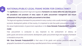 NATIONAL(PUBLIC) LEGAL FRAME WORK FOR CONSULTANCY
The significance of procurement legal and regulatory framework is to clearly define the rules that govern
the procedures and processes of every aspect of public procurement management and ensure
achievement of the principles of public procurement to the fullest.
The legal and regulatory framework for procurement in every country is also usually intended to support the
economic development policies of that country. It is important to note that public procurement is a part of
the actual implementation of government expenditure in the Gross Domestic Production(GDP) economic
model.
How procurement is conducted is very important to the achievement of delivery of
public goods and services and economic development. public procurement legal and regulatory framework
is intended to ensure this.
NB:- Gross Domestic Production(GDP) is final value of the goods and services produced within the
geographic boundaries of a country during a specified period of time, normally a year. 20
 