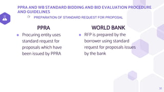PPRA AND WB STANDARD BIDDING AND BID EVALUATION PROCEDURE
AND GUIDELINES
PPRA
⬢ Procuring entity uses
standard request for
proposals which have
been issued by PPRA
WORLD BANK
⬢ RFP is prepared by the
borrower using standard
request for proposals issues
by the bank
32
PREPARATION OF STANDARD REQUEST FOR PROPOSAL
👉
 