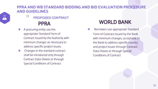 PPRA AND WB STANDARD BIDDING AND BID EVALUATION PROCEDURE
AND GUIDELINES
PPRA
⬢ A procuring entity use the
appropriate Standard Form of
Contract issued by the Authority with
minimum changes as necessary to
address specific project issues.
⬢ Changes in the standard contract
shall be introduced only through
Contract Data Sheets or through
Special Conditions of Contract.
WORLD BANK
⬢ Borrowers use appropriate Standard
Form of Contract issued by the Bank
with minimum changes, acceptable to
the Bank to address specific country
and project issues through Contract
Data Sheets or through Special
Conditions of Contract
35
PROPOSED CONTRACT
👉
 
