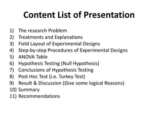 Content List of Presentation
1) The research Problem
2) Treatments and Explanations
3) Field Layout of Experimental Designs
4) Step-by-step Procedures of Experimental Designs
5) ANOVA Table
6) Hypothesis Testing (Null Hypothesis)
7) Conclusions of Hypothesis Testing
8) Post Hoc Test (i.e. Turkey Test)
9) Result & Discussion (Give some logical Reasons)
10) Summary
11) Recommendations
 