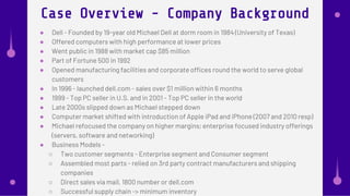 ● Dell - Founded by 19-year old Michael Dell at dorm room in 1984 (University of Texas)
● Offered computers with high performance at lower prices
● Went public in 1988 with market cap $85 million
● Part of Fortune 500 in 1992
● Opened manufacturing facilities and corporate offices round the world to serve global
customers
● In 1996 - launched dell.com - sales over $1 million within 6 months
● 1999 - Top PC seller in U.S. and in 2001 - Top PC seller in the world
● Late 2000s slipped down as Michael stepped down
● Computer market shifted with introduction of Apple iPad and iPhone (2007 and 2010 resp)
● Michael refocused the company on higher margins; enterprise focused industry offerings
(servers, software and networking)
● Business Models -
○ Two customer segments - Enterprise segment and Consumer segment
○ Assembled most parts - relied on 3rd party contract manufacturers and shipping
companies
○ Direct sales via mail, 1800 number or dell.com
○ Successful supply chain -> minimum inventory
Case Overview - Company Background
 