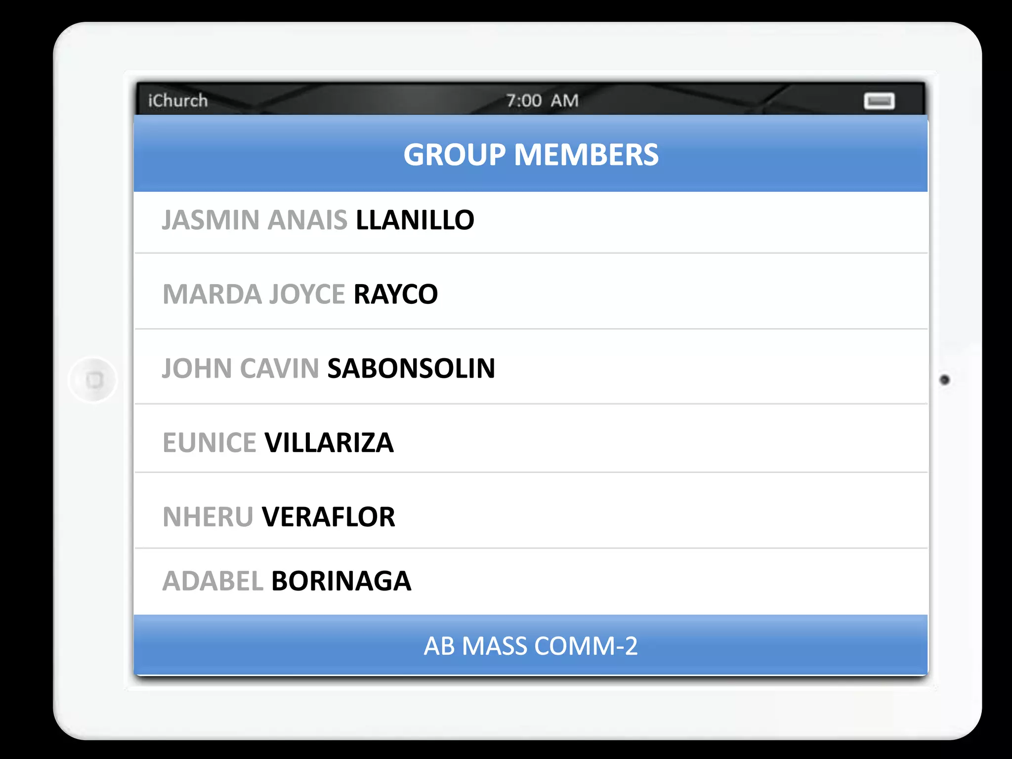JASMIN ANAIS LLANILLO

MARDA JOYCE RAYCO

JOHN CAVIN SABONSOLIN

EUNICE VILLARIZA

NHERU VERAFLOR

ADABEL BORINAGA
 