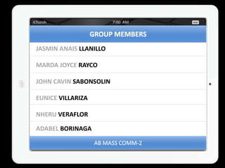 JASMIN ANAIS LLANILLO

MARDA JOYCE RAYCO

JOHN CAVIN SABONSOLIN

EUNICE VILLARIZA

NHERU VERAFLOR

ADABEL BORINAGA
 