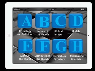 Etymology         Nature of      Biblical       Models
and Definition    the Church      Images




  Marks of       Attributes of   Hierarchical   Mission and
 the Church       the Church      Structure     Ministries
 