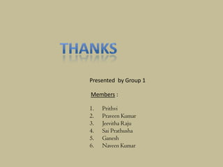 Presented by Group 1

Members :

1.   Prithvi
2.   Praveen Kumar
3.   Jeevitha Raju
4.   Sai Prathusha
5.   Ganesh
6.   Naveen Kumar
 