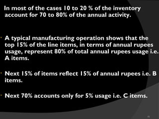 15
In most of the cases 10 to 20 % of the inventory
account for 70 to 80% of the annual activity.
• A typical manufacturing operation shows that the
top 15% of the line items, in terms of annual rupees
usage, represent 80% of total annual rupees usage i.e.
A items.
• Next 15% of items reflect 15% of annual rupees i.e. B
items.
• Next 70% accounts only for 5% usage i.e. C items.
 