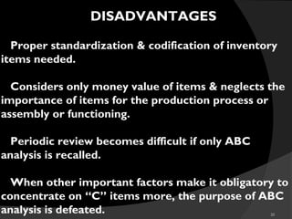 20
Proper standardization & codification of inventory
items needed.
Considers only money value of items & neglects the
importance of items for the production process or
assembly or functioning.
Periodic review becomes difficult if only ABC
analysis is recalled.
When other important factors make it obligatory to
concentrate on “C” items more, the purpose of ABC
analysis is defeated.
DISADVANTAGES
 