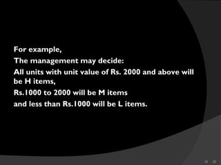 23 23
For example,
The management may decide:
All units with unit value of Rs. 2000 and above will
be H items,
Rs.1000 to 2000 will be M items
and less than Rs.1000 will be L items.
 