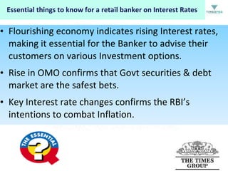 Essential things to know for a retail banker on Interest Rates

• Flourishing economy indicates rising Interest rates,
making it essential for the Banker to advise their
customers on various Investment options.
• Rise in OMO confirms that Govt securities & debt
market are the safest bets.
• Key Interest rate changes confirms the RBI’s
intentions to combat Inflation.

 