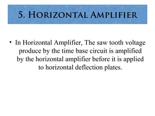 5. Horizontal Amplifier
• In Horizontal Amplifier, The saw tooth voltage
produce by the time base circuit is amplified
by the horizontal amplifier before it is applied
to horizontal deflection plates.
 