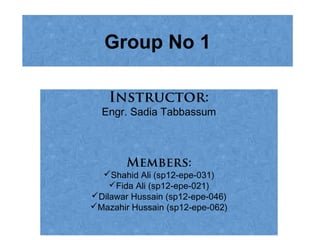 Group No 1
Instructor:
Engr. Sadia Tabbassum
Members:
Shahid Ali (sp12-epe-031)
Fida Ali (sp12-epe-021)
Dilawar Hussain (sp12-epe-046)
Mazahir Hussain (sp12-epe-062)
 