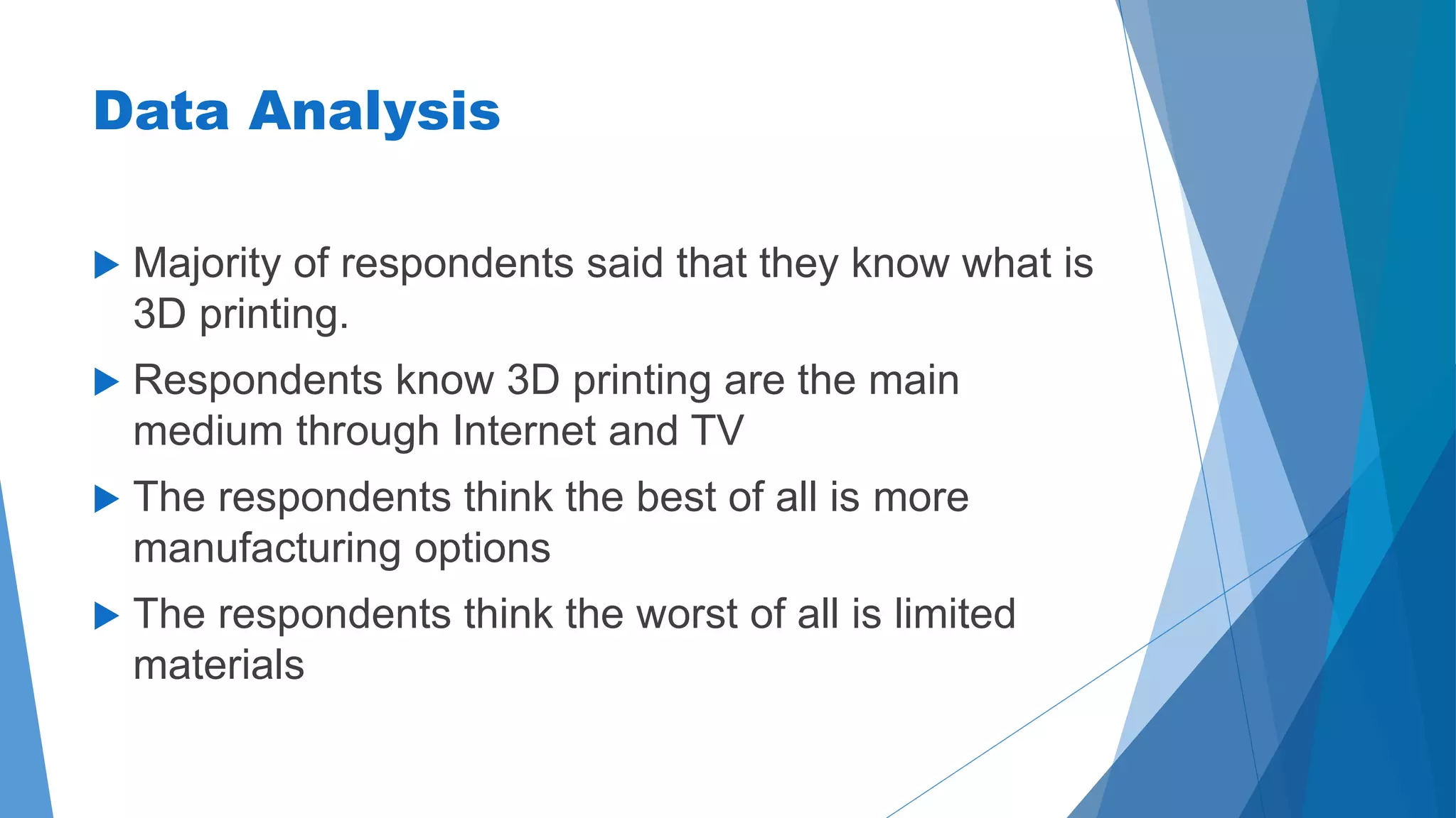 Data Analysis 
 Majority of respondents said that they know what is 
3D printing. 
 Respondents know 3D printing are the main 
medium through Internet and TV 
 The respondents think the best of all is more 
manufacturing options 
 The respondents think the worst of all is limited 
materials 
 