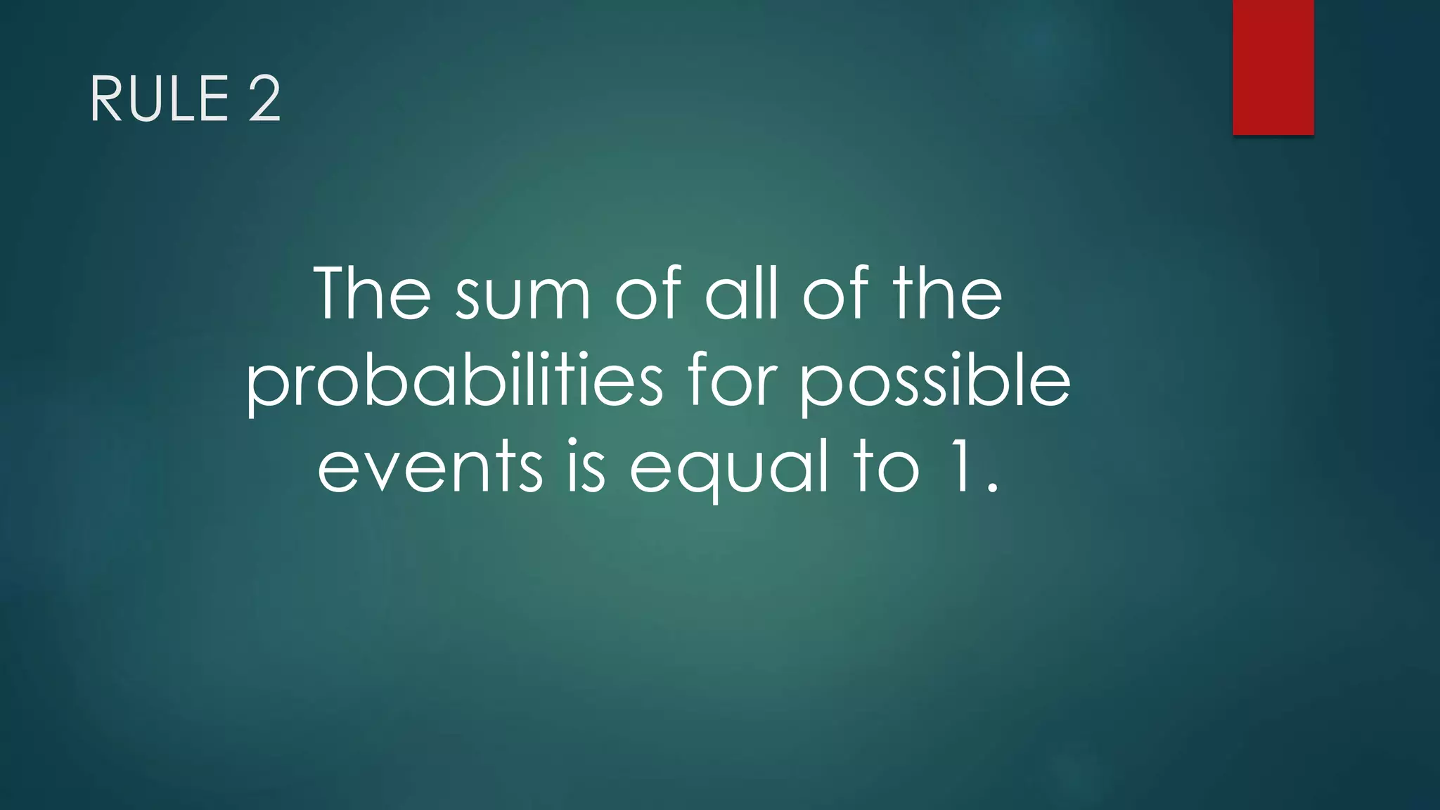 RULE 2
The sum of all of the
probabilities for possible
events is equal to 1.
 