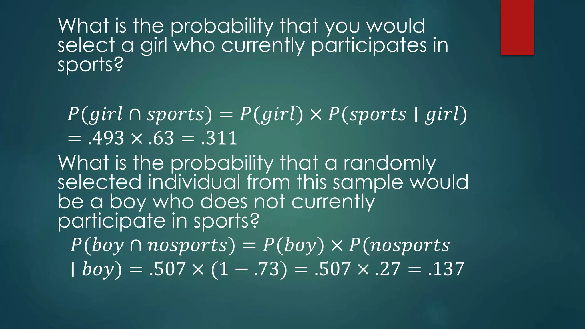 What is the probability that you would
select a girl who currently participates in
sports?
𝑃(𝑔𝑖𝑟𝑙 ∩ 𝑠𝑝𝑜𝑟𝑡𝑠) = 𝑃(𝑔𝑖𝑟𝑙) × 𝑃(𝑠𝑝𝑜𝑟𝑡𝑠 ∣ 𝑔𝑖𝑟𝑙)
= .493 × .63 = .311
What is the probability that a randomly
selected individual from this sample would
be a boy who does not currently
participate in sports?
𝑃(𝑏𝑜𝑦 ∩ 𝑛𝑜𝑠𝑝𝑜𝑟𝑡𝑠) = 𝑃(𝑏𝑜𝑦) × 𝑃(𝑛𝑜𝑠𝑝𝑜𝑟𝑡𝑠
∣ 𝑏𝑜𝑦) = .507 × (1 − .73) = .507 × .27 = .137
 
