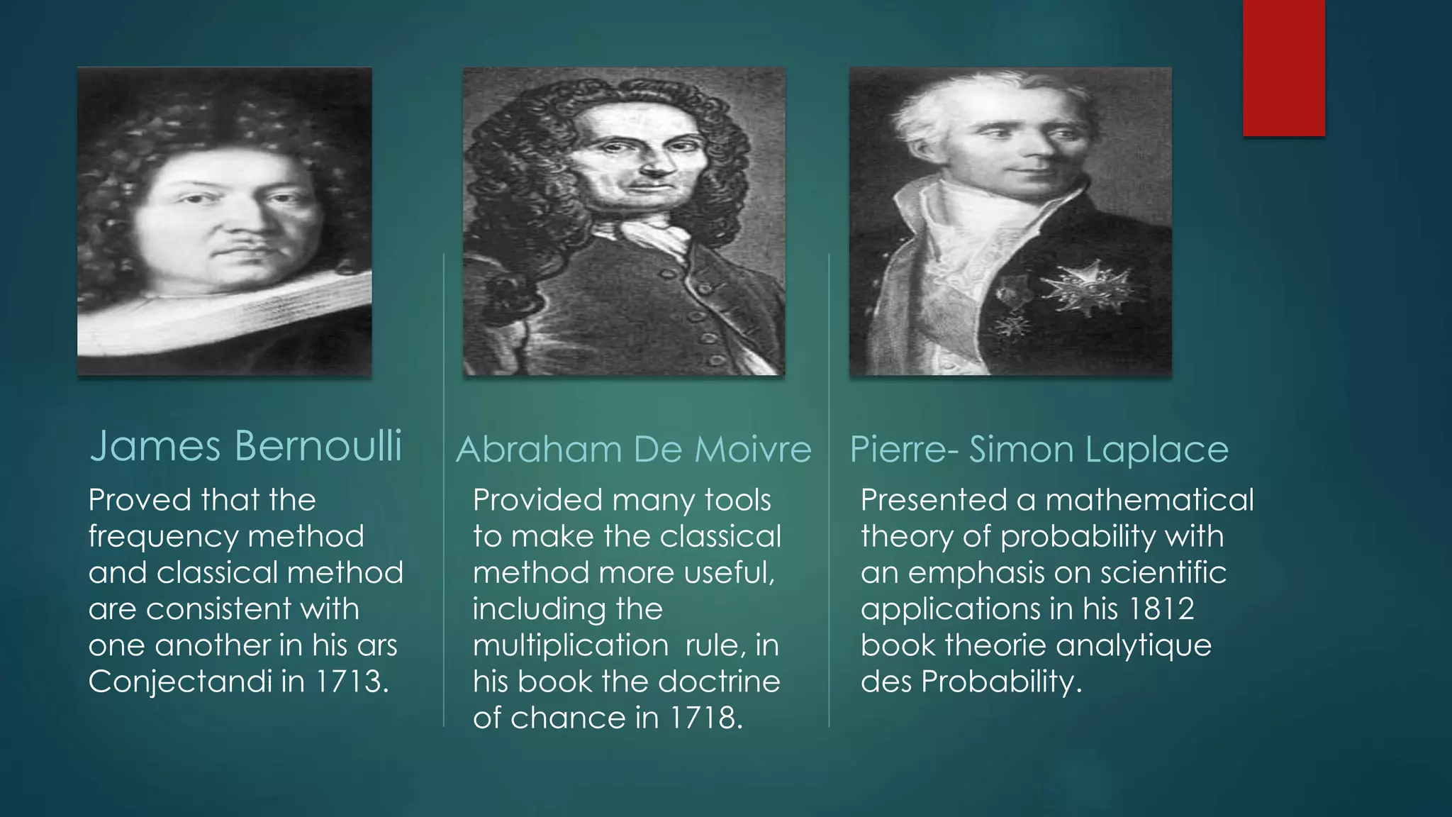James Bernoulli
Proved that the
frequency method
and classical method
are consistent with
one another in his ars
Conjectandi in 1713.
Abraham De Moivre
Provided many tools
to make the classical
method more useful,
including the
multiplication rule, in
his book the doctrine
of chance in 1718.
Pierre- Simon Laplace
Presented a mathematical
theory of probability with
an emphasis on scientific
applications in his 1812
book theorie analytique
des Probability.
 