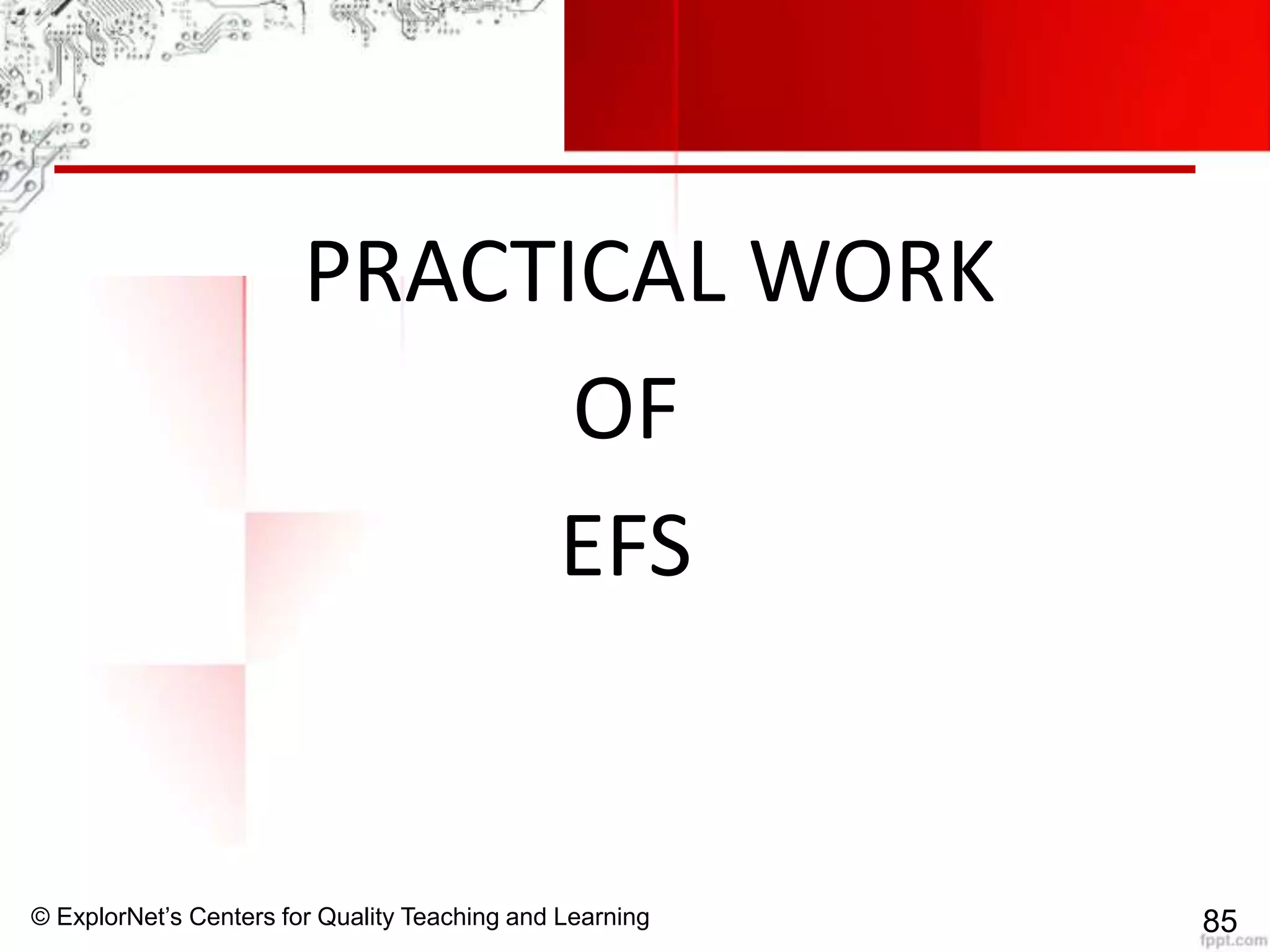 © ExplorNet’s Centers for Quality Teaching and Learning 85
PRACTICAL WORK
OF
EFS
 