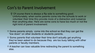 Con's to Parent Involvement
წ Of course there is always a flip side to something good.
Unfortunately, when some parents come into the schools to work or
volunteer their time thry provide more of a distraction and nuisance
than anything else. Here are some cons to have too much or not the
right kind of parent involvement:
♡ Some parents simply come into the school so that they can get the
“low down” on other students or students parents.
♡ Some parents that volunteer their time don't actually get anything
they've been asked to do because they are too busy talking with other
parents or faculty members.
♡ A teacher can lose valuable time redirecting the parent to something
else.
 