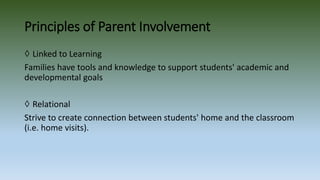 Principles of Parent Involvement
◊ Linked to Learning
Families have tools and knowledge to support students' academic and
developmental goals
◊ Relational
Strive to create connection between students' home and the classroom
(i.e. home visits).
 