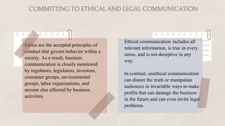 Ethics are the accepted principles of
conduct that govern behavior within a
society. As a result, business
communication i...