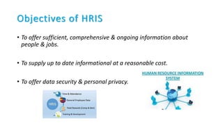 Objectives of HRIS
• To offer sufficient, comprehensive & ongoing information about
people & jobs.
• To supply up to date informational at a reasonable cost.
• To offer data security & personal privacy.
 