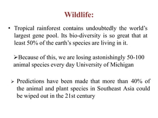 • Tropical rainforest contains undoubtedly the world’s
largest gene pool. Its bio-diversity is so great that at
least 50% of the earth’s species are living in it.
Because of this, we are losing astonishingly 50-100
animal species every day University of Michigan
 Predictions have been made that more than 40% of
the animal and plant species in Southeast Asia could
be wiped out in the 21st century
Wildlife:
 