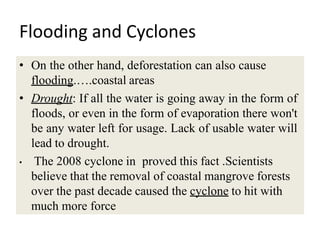 Flooding and Cyclones
• On the other hand, deforestation can also cause
flooding.….coastal areas
• Drought: If all the water is going away in the form of
floods, or even in the form of evaporation there won't
be any water left for usage. Lack of usable water will
lead to drought.
• The 2008 cyclone in proved this fact .Scientists
believe that the removal of coastal mangrove forests
over the past decade caused the cyclone to hit with
much more force
 