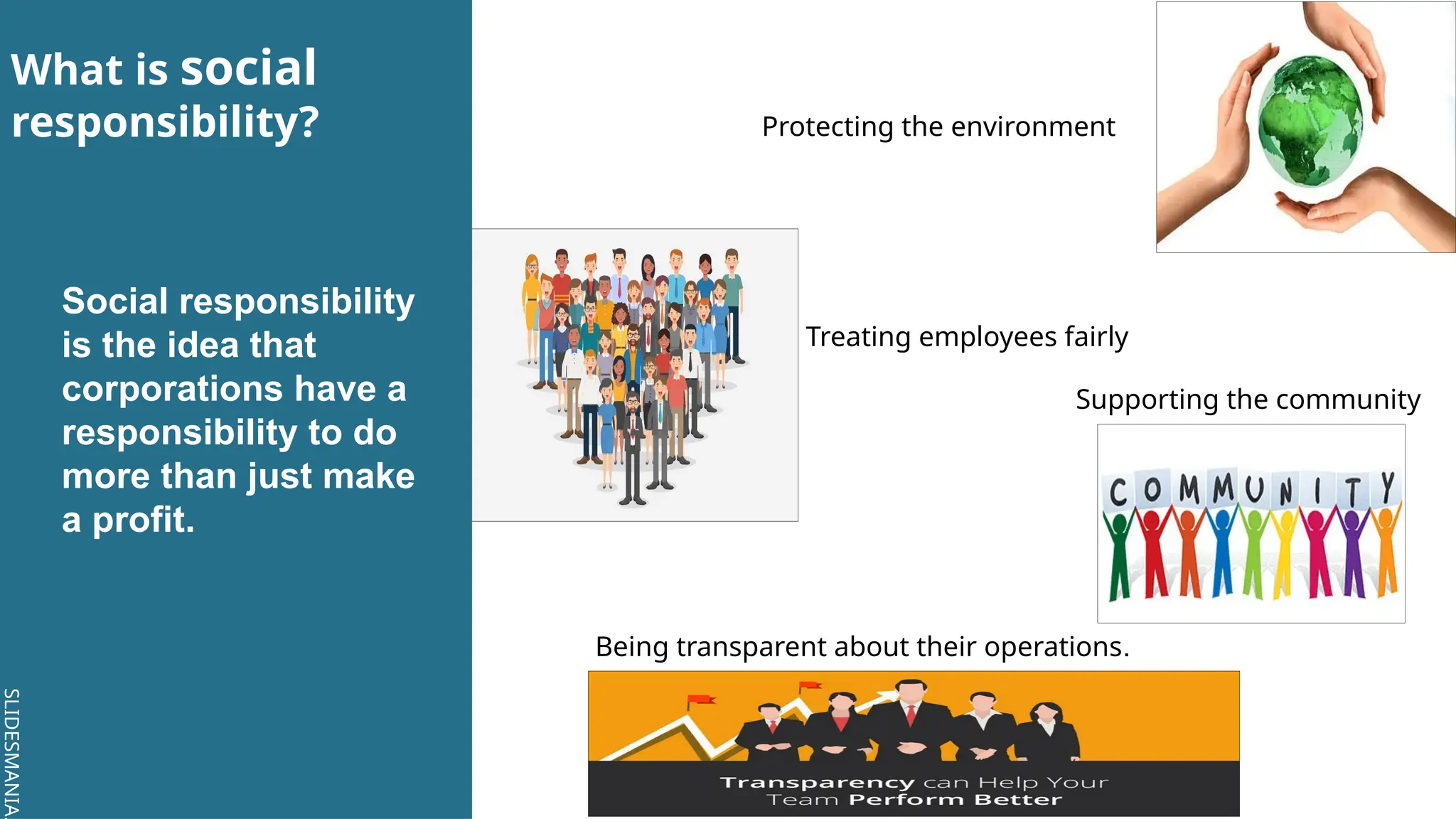 SLIDESMANIA.
SLIDESMANIA.
What is social
responsibility?
Social responsibility
is the idea that
corporations have a
responsibility to do
more than just make
a profit.
Protecting the environment
Treating employees fairly
Supporting the community
Being transparent about their operations.
 