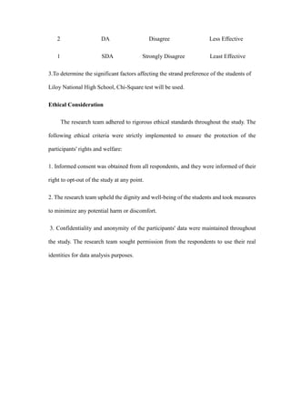 2 DA Disagree Less Effective
1 SDA Strongly Disagree Least Effective
3.To determine the significant factors affecting the strand preference of the students of
Liloy National High School, Chi-Square test will be used.
Ethical Consideration
The research team adhered to rigorous ethical standards throughout the study. The
following ethical criteria were strictly implemented to ensure the protection of the
participants' rights and welfare:
1. Informed consent was obtained from all respondents, and they were informed of their
right to opt-out of the study at any point.
2. The research team upheld the dignity and well-being of the students and took measures
to minimize any potential harm or discomfort.
3. Confidentiality and anonymity of the participants' data were maintained throughout
the study. The research team sought permission from the respondents to use their real
identities for data analysis purposes.
 