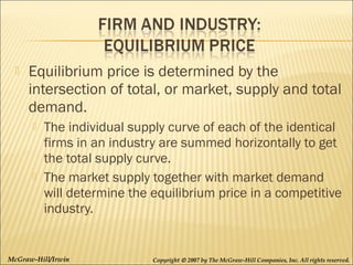 

Equilibrium price is determined by the
intersection of total, or market, supply and total
demand.




The individual supply curve of each of the identical
firms in an industry are summed horizontally to get
the total supply curve.
The market supply together with market demand
will determine the equilibrium price in a competitive
industry.

McGraw-Hill/Irwin

Copyright © 2007 by The McGraw-Hill Companies, Inc. All rights reserved.

 
